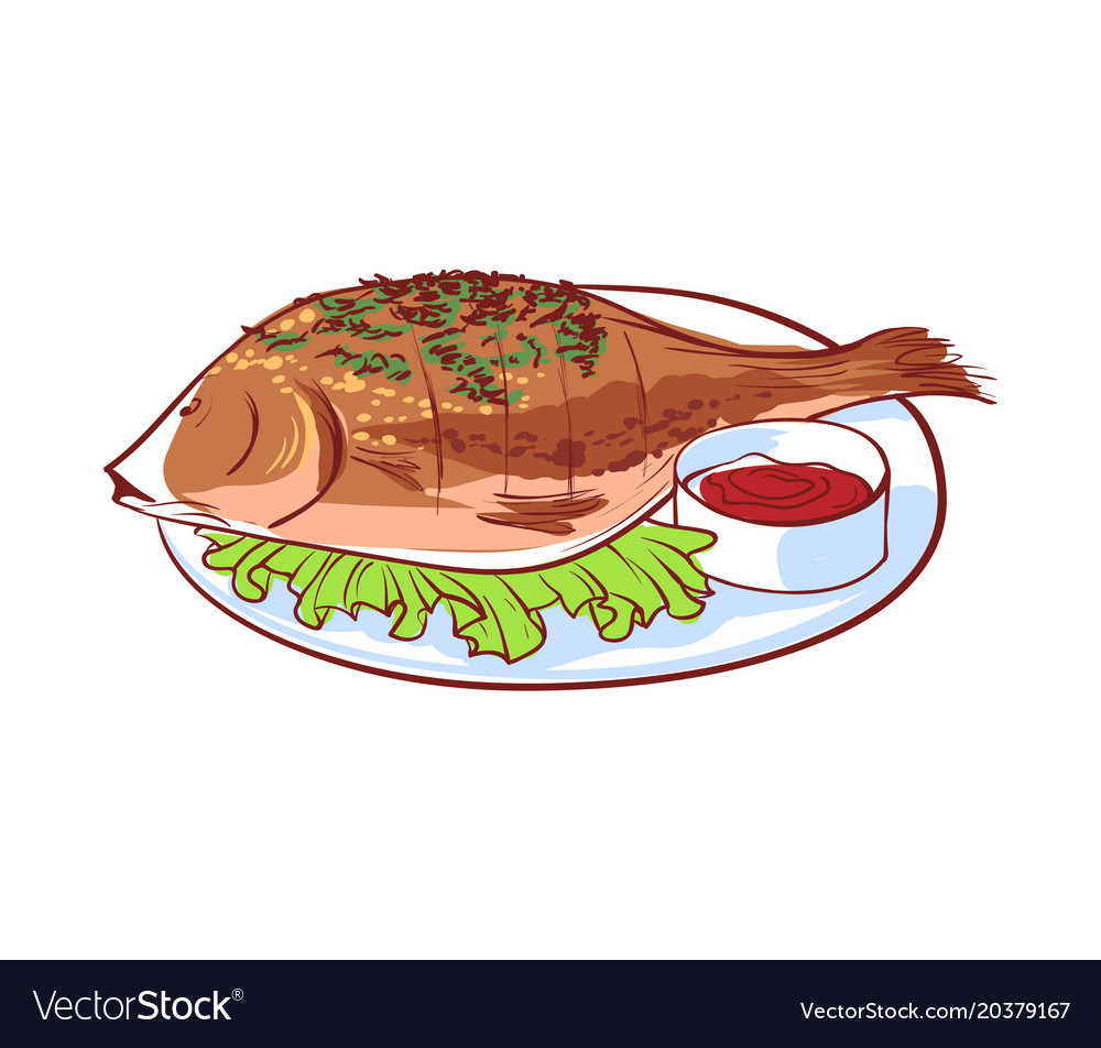 Sea fish with sauce isolated icon Royalty Free Vector Image