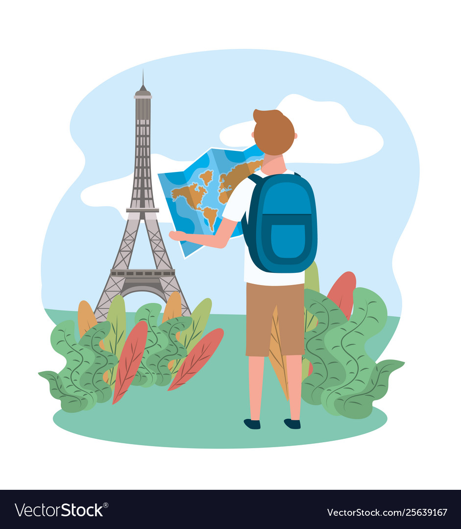 Travel man with global and eiffel tower