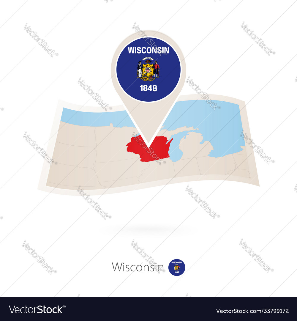 Folded paper map wisconsin us state with flag