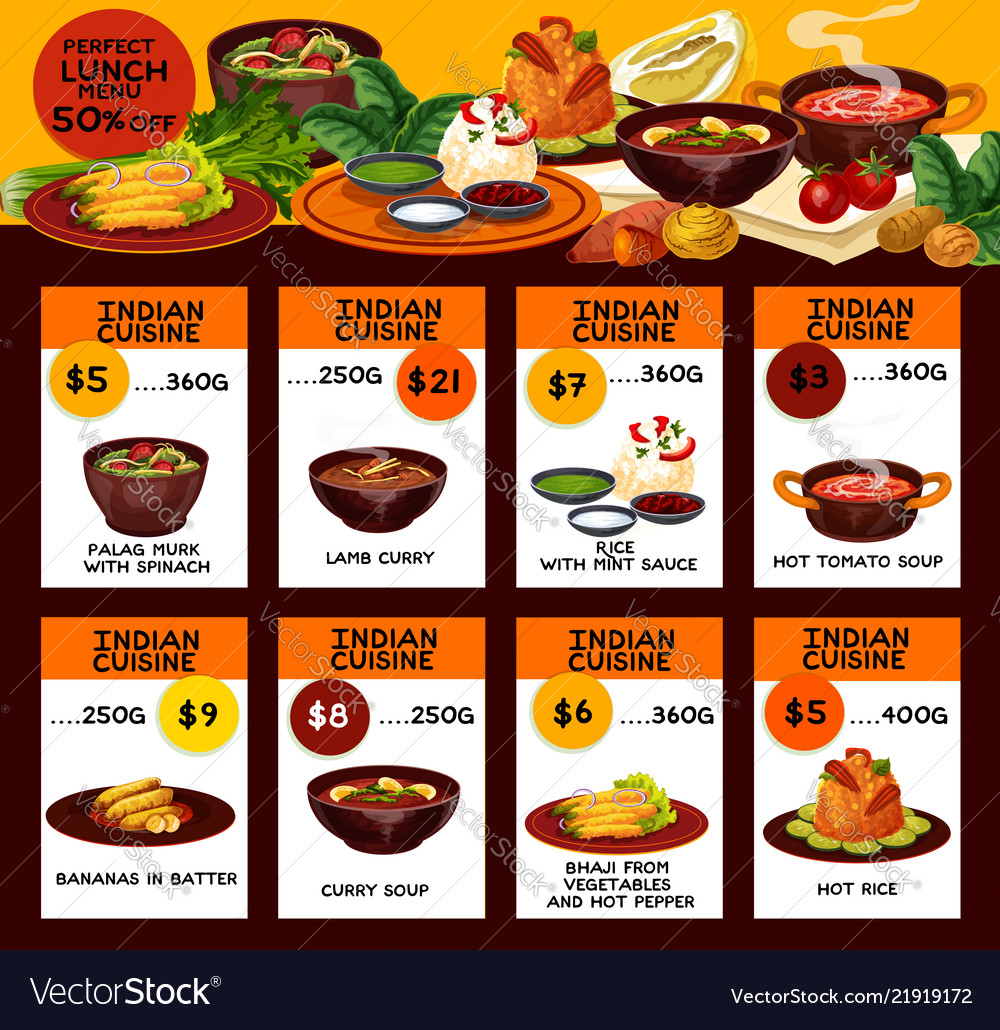Indian Cuisine Dishes Lunch Menu Royalty Free Vector Image