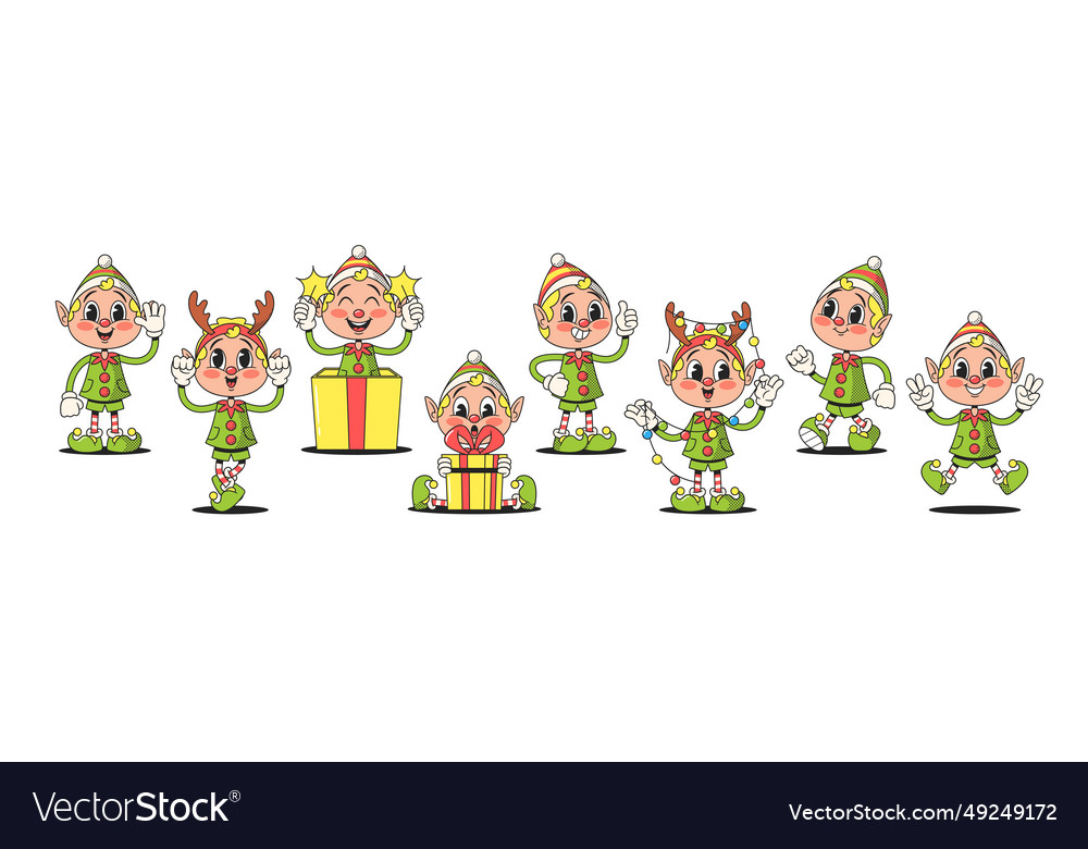 Retro-style christmas elves cartoon characters