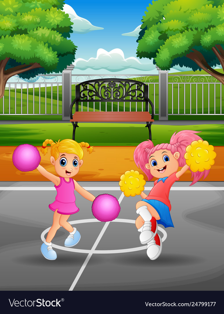 Funny cheerleaders dancing on court