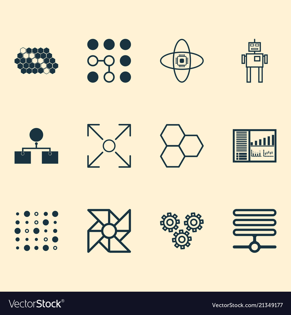 Machine icons set with control panel data cells Vector Image