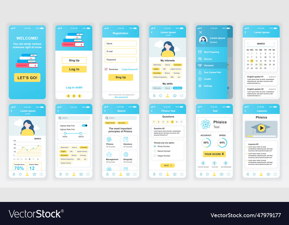 Set of ui ux gui screens education app flat