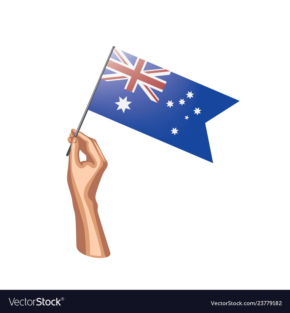 Australia flag and hand on white background