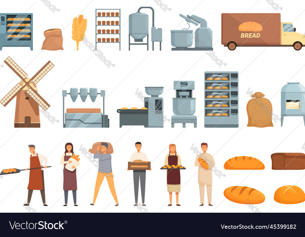 Bread production icons set cartoon Royalty Free Vector Image