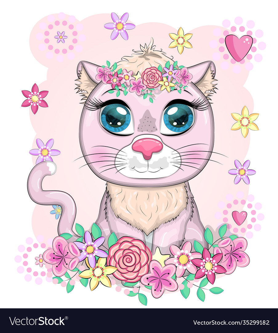 Cute cartoon pink cat kitten on a background Vector Image