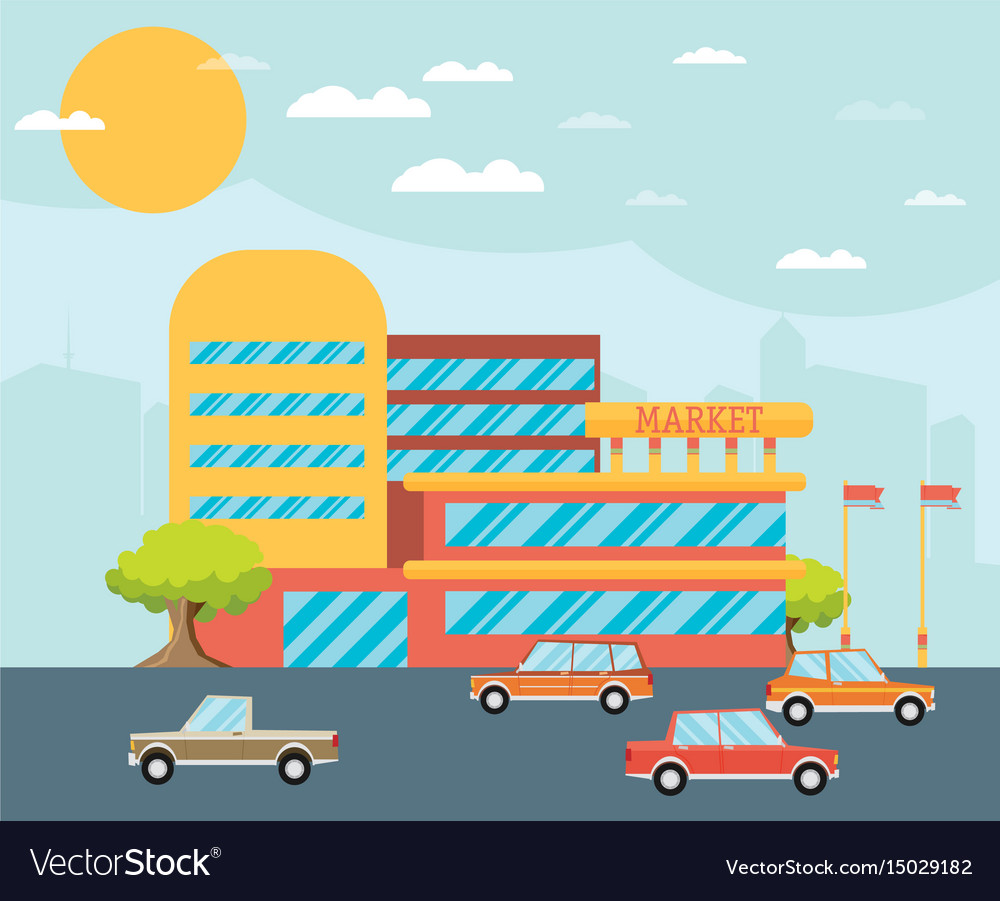 Supermarket building facade with parking in front