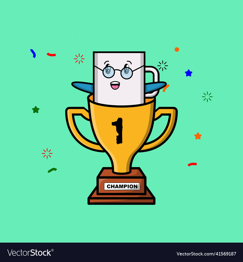 Cute cartoon mug character inside trophy