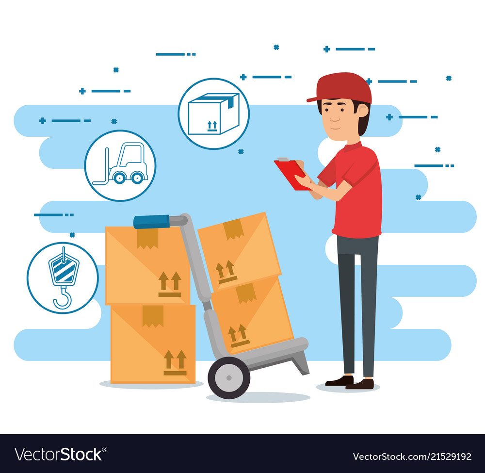 Delivery worker with cart boxes Royalty Free Vector Image