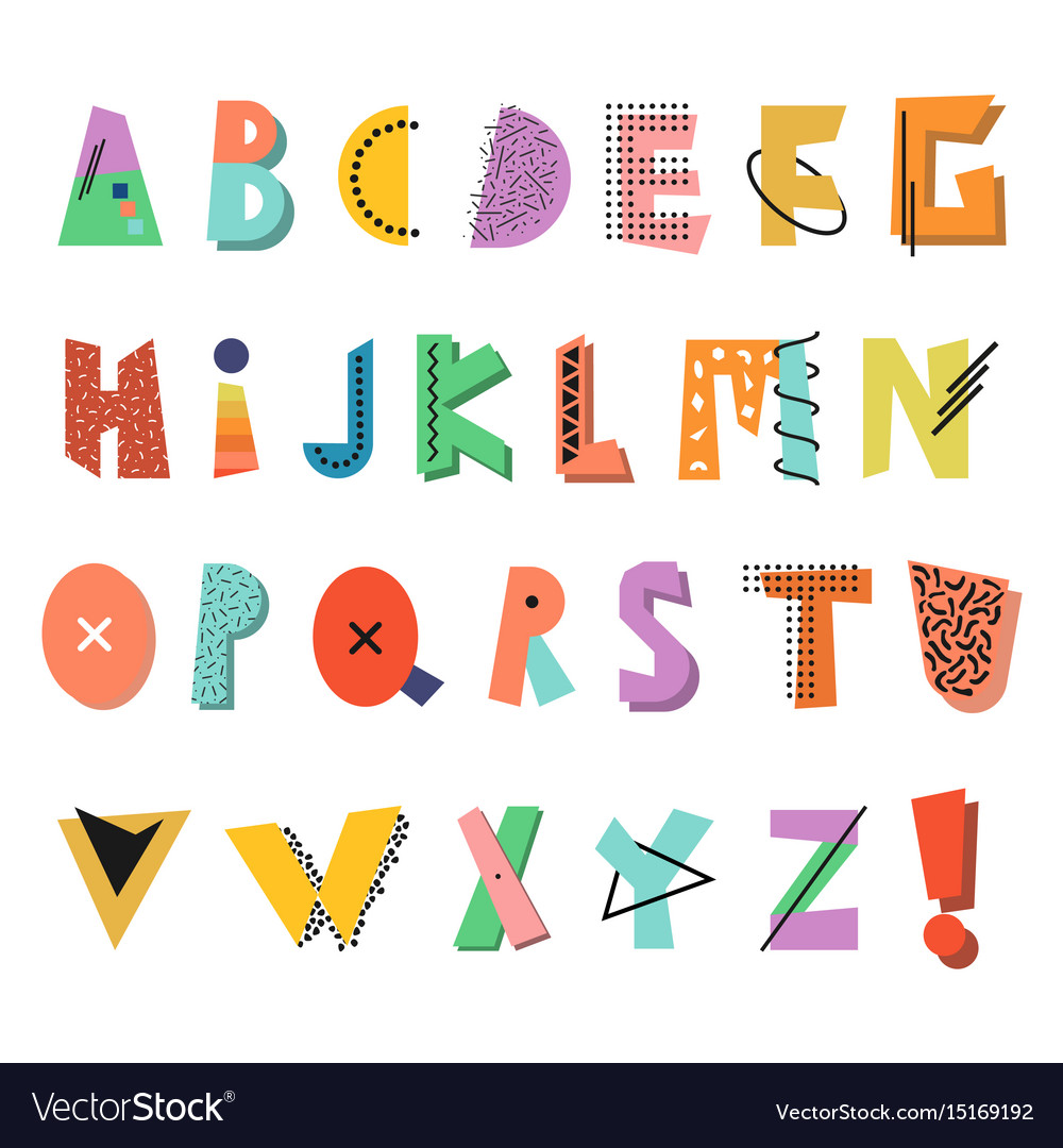 Memphis alphabet colorful funny font fashion 80 Vector Image