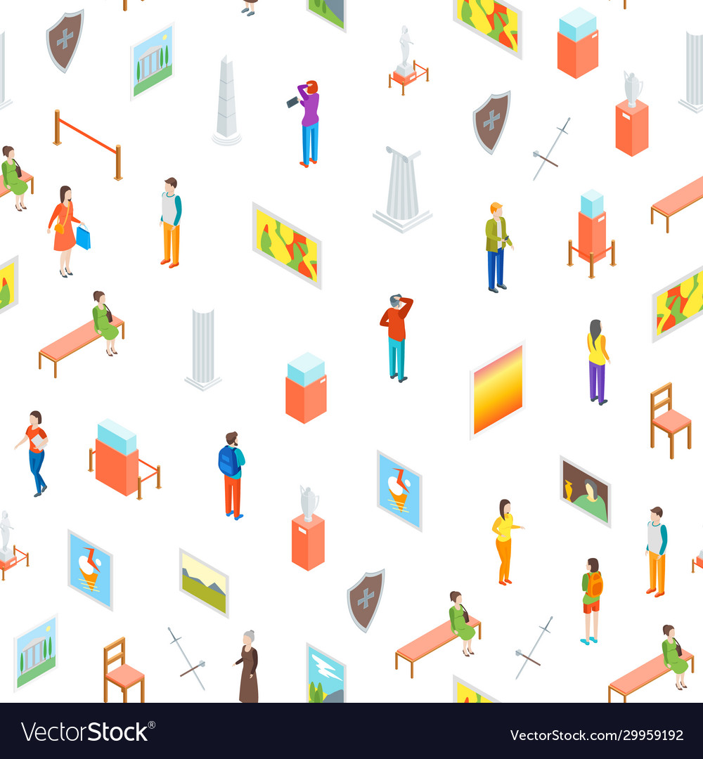 Museum hall seamless pattern background isometric vector image Museum hall seamless pattern background isometric