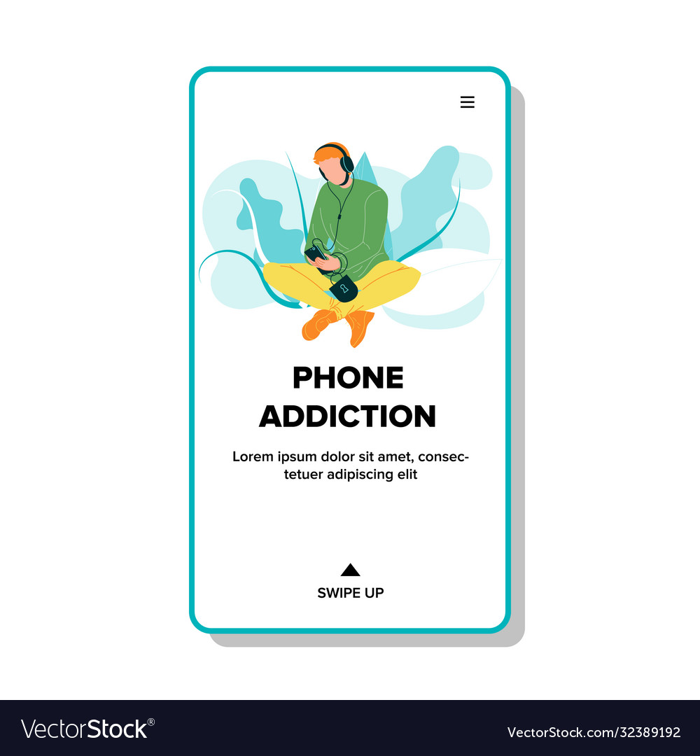 Phone addiction boy sitting with cellphone vector image Phone addiction boy sitting with cellphone