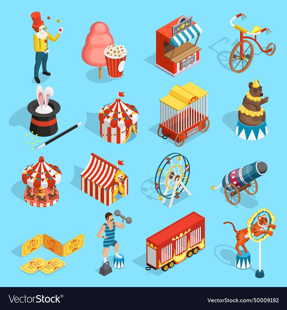 Travel circus isometric icons set