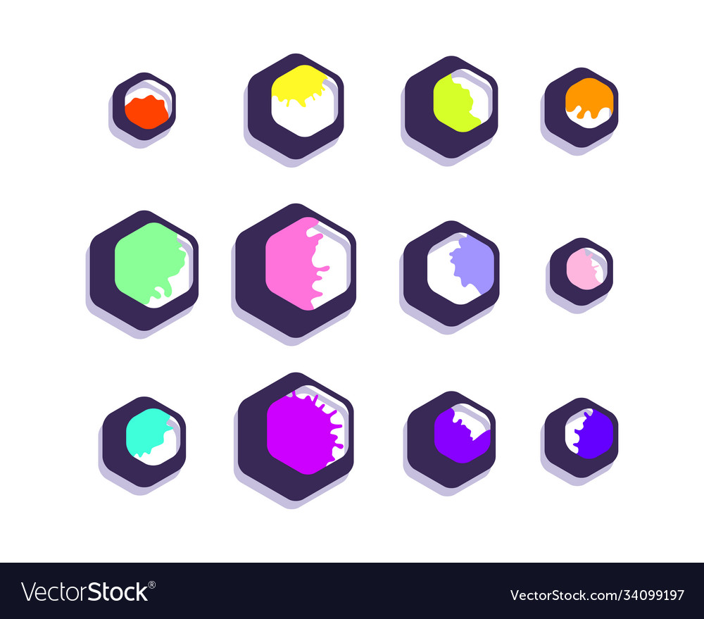 Colorful set hexagons and ink drops