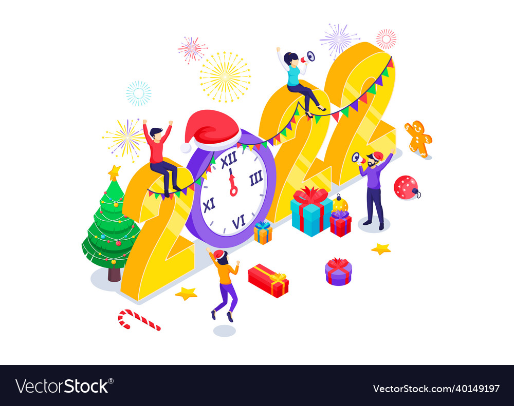 People celebrating new year near decorated big vector image People celebrating new year near decorated big