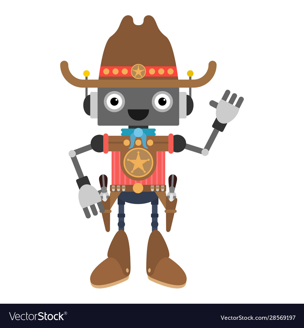 Smiling Cartoon Sheriff Roboter waving one hand