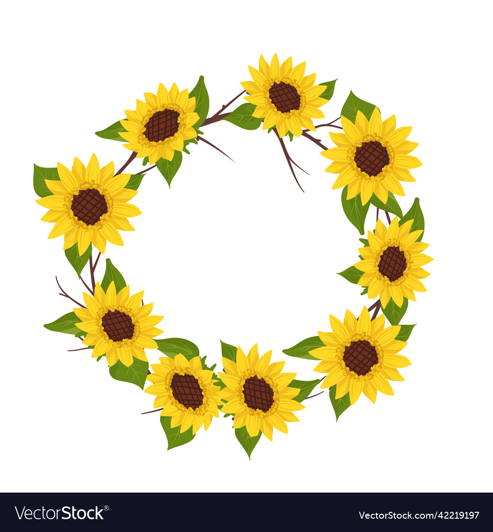 Yellow sunflower wreath with green leaves