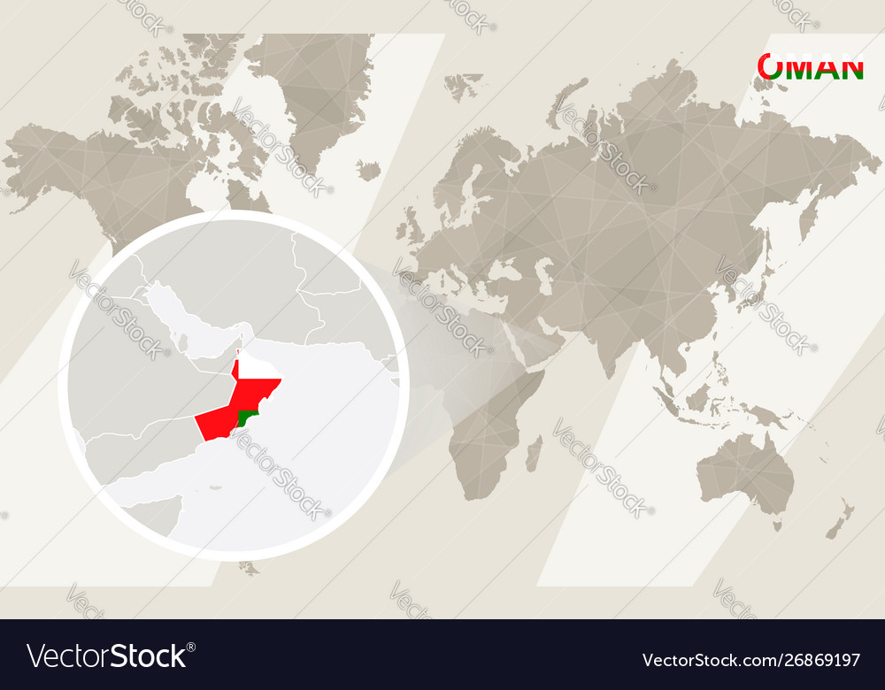 Zoom on oman map and flag world
