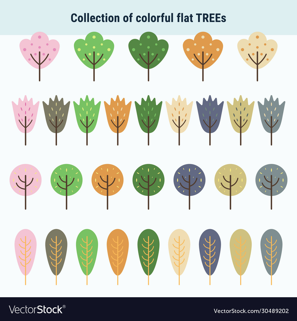 Collection colorful flat trees different shape vector image Collection colorful flat trees different shape