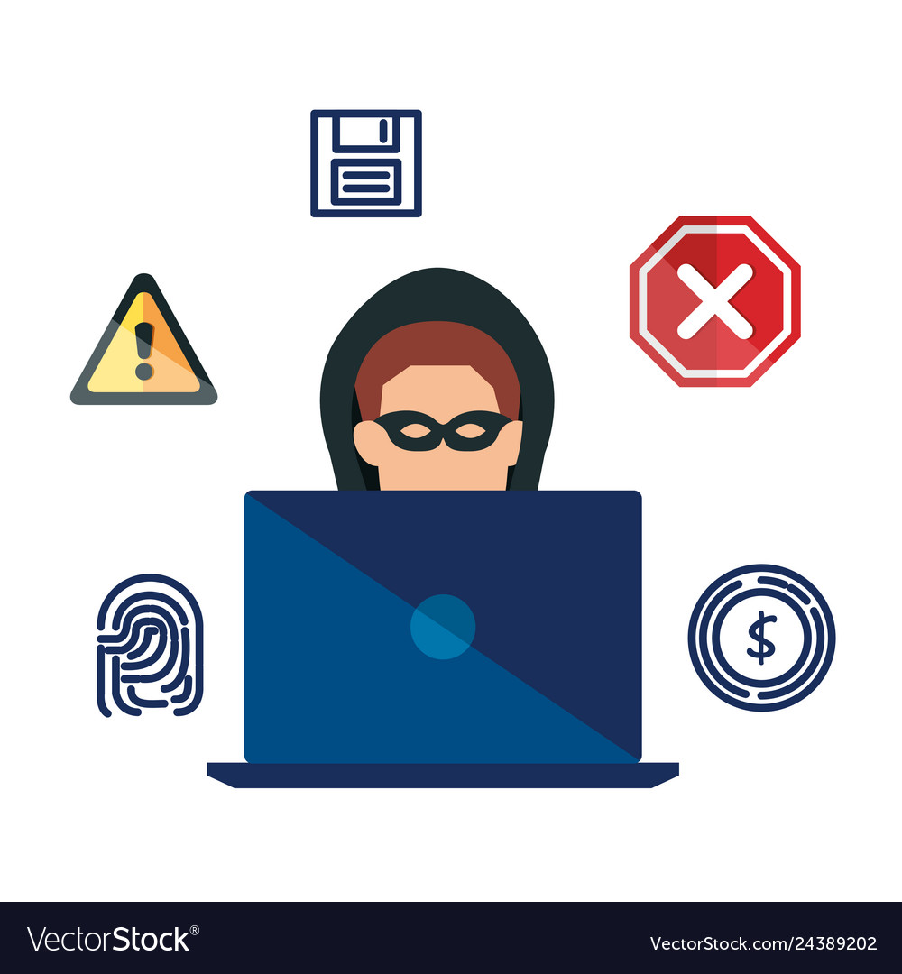 Hacker using laptop with security icons vector image Hacker using laptop with security icons