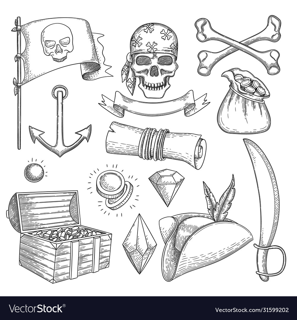 Pirate items ship sea adventure elements treasure Vector Image