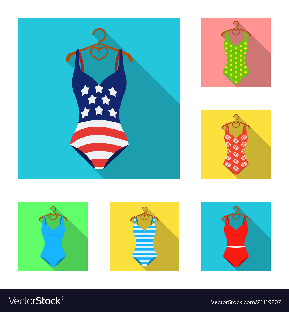 Different types of swimsuits flat icons in set