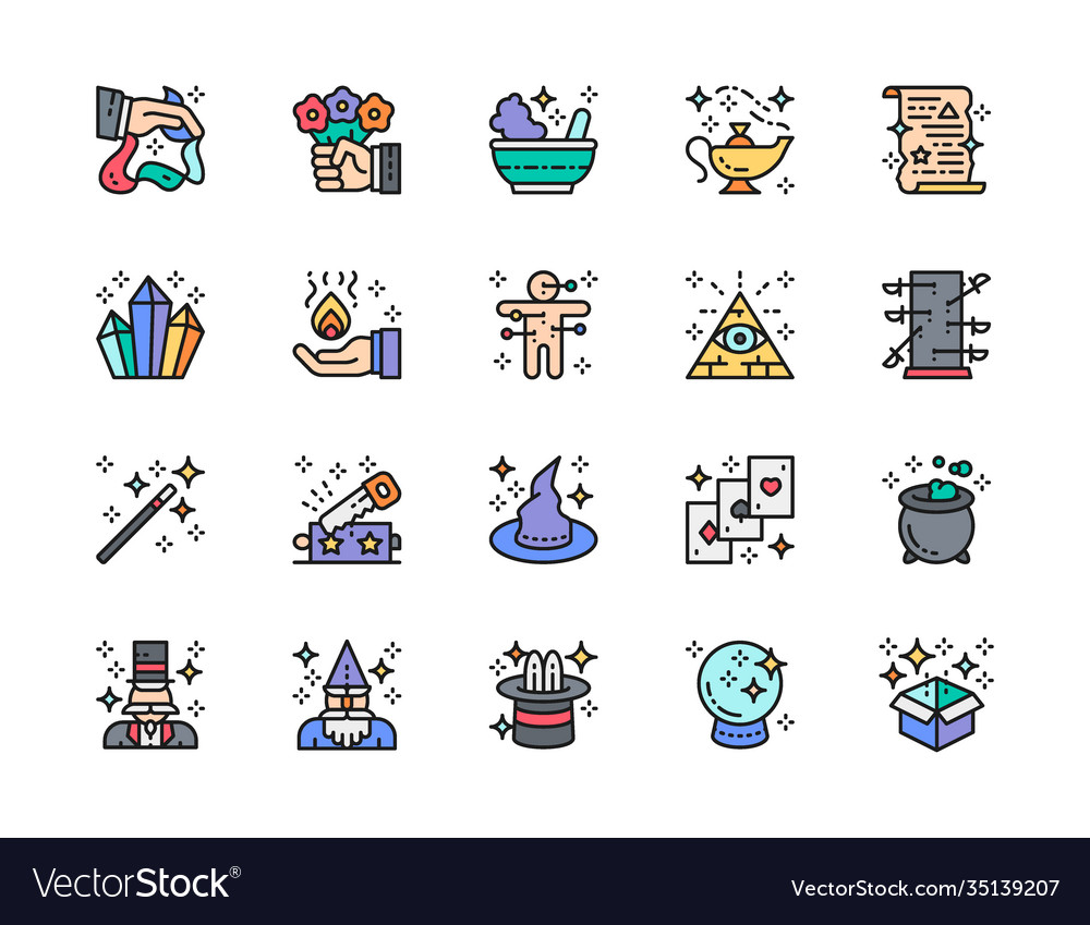 Set magic show flat color line icons Royalty Free Vector