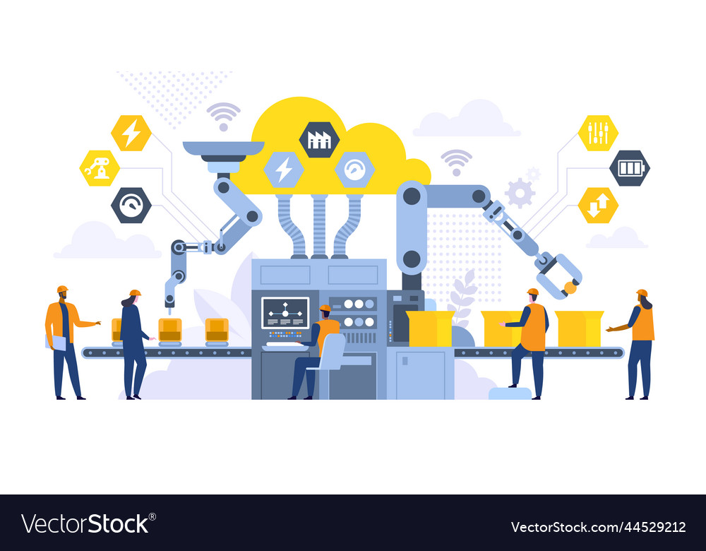 Assembly line with robotic arms flat