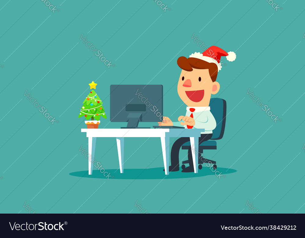 Businessman wearing santa claus hat while working Vector Image