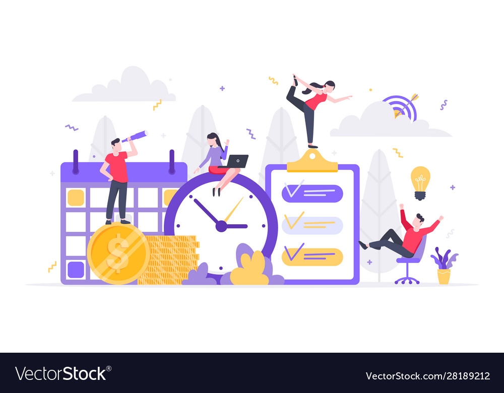 Tiny people characters working together with clock vector image Tiny people characters working together with clock