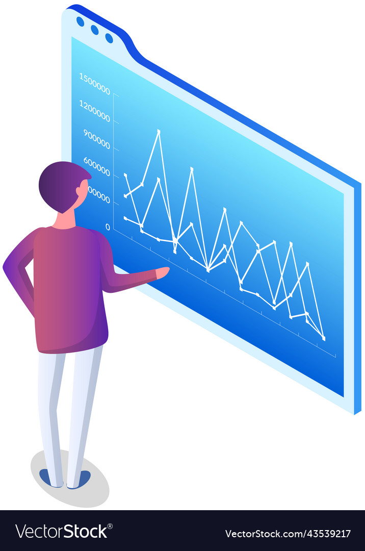 Man analyses digital report with data statistical vector image Man analyses digital report with data statistical
