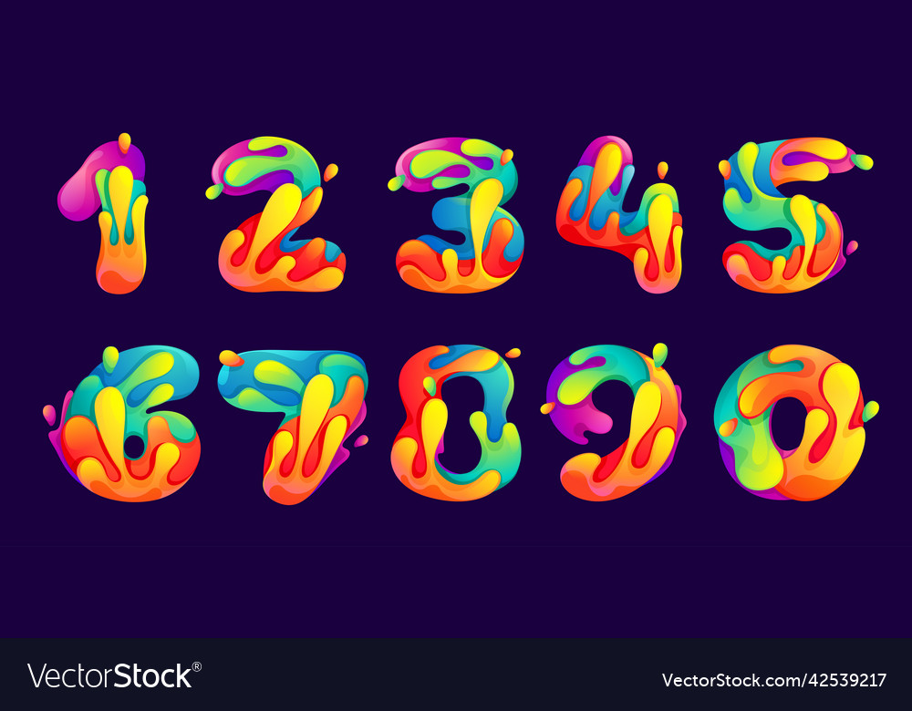 Numbers set with juice splash waves and drops vector image Numbers set with juice splash waves and drops
