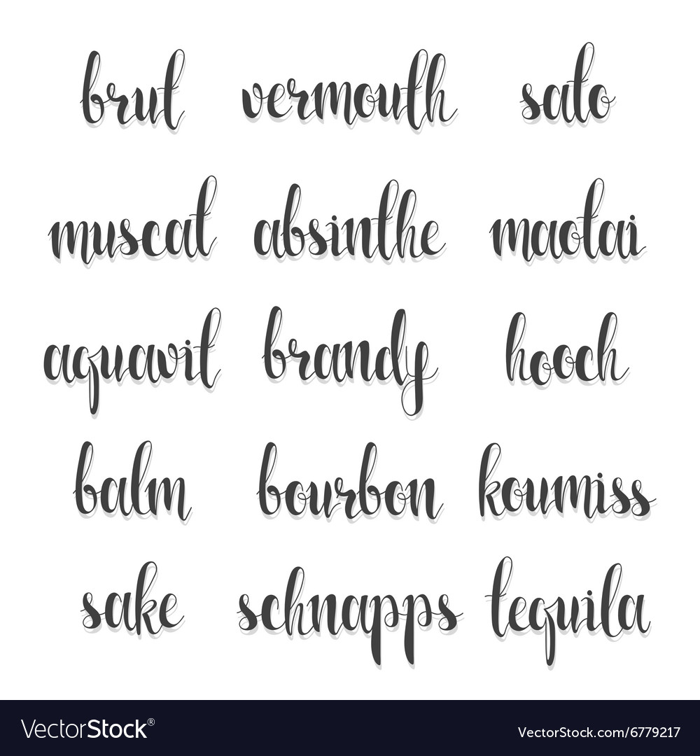Set names of species alcohol in calligraphy