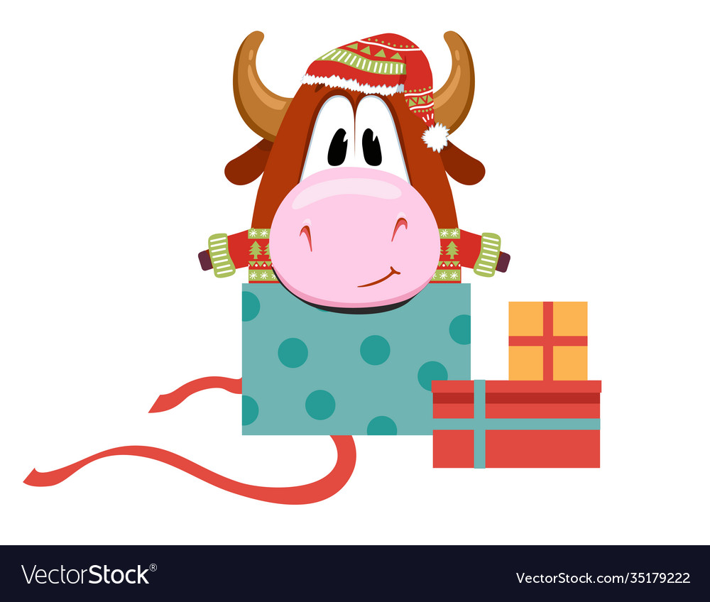 Cute cartoon bull in a santa hat is sitting