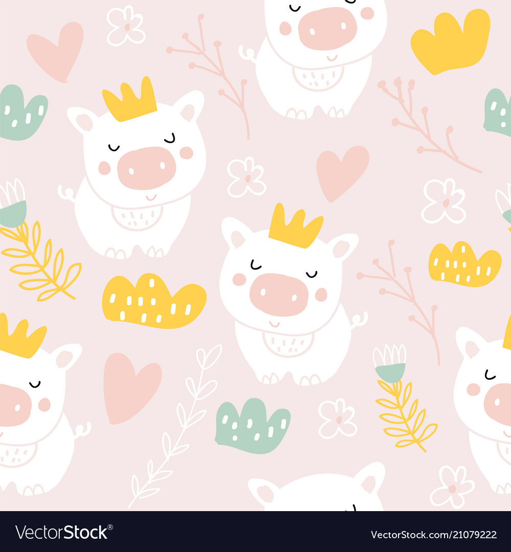 Cute pigs characters pink seamless pattern