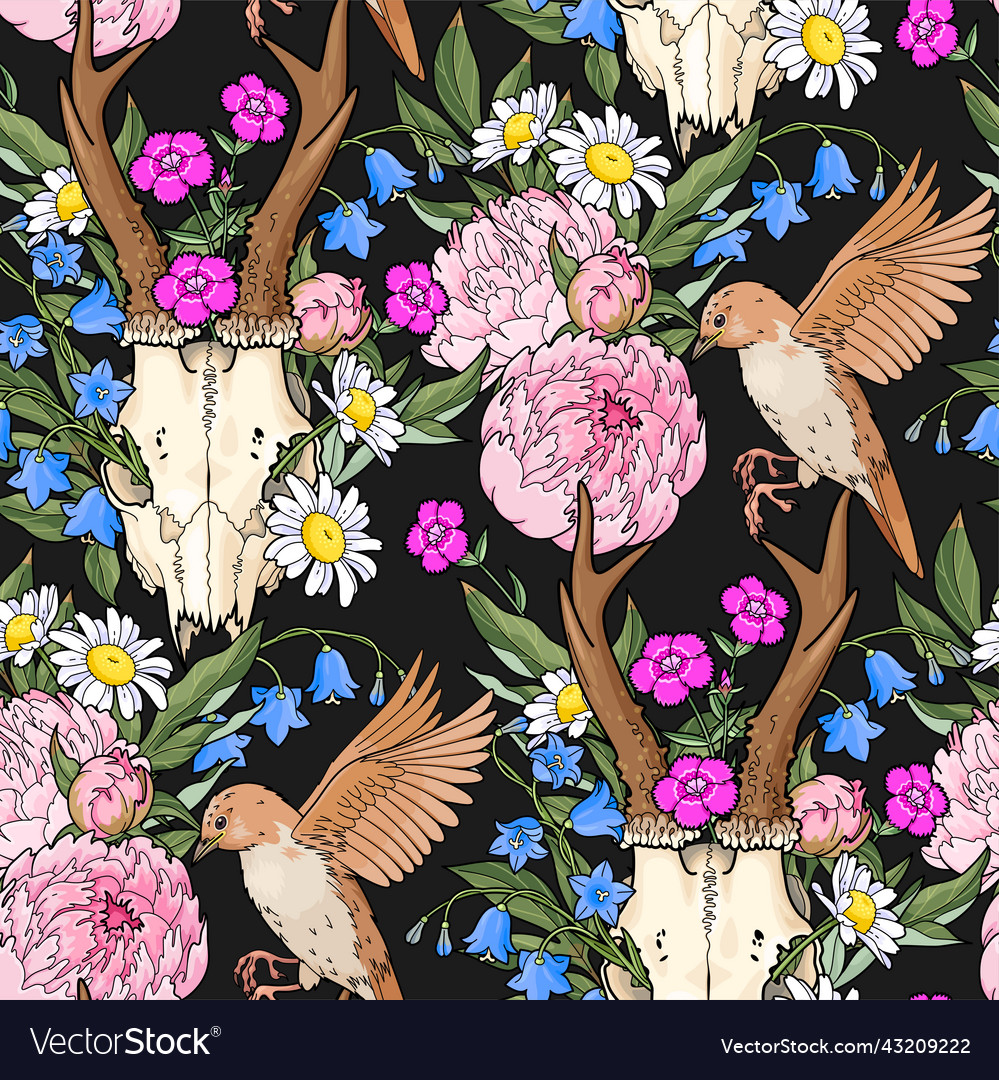 Deer skull and pink peony seamless pattern Vector Image