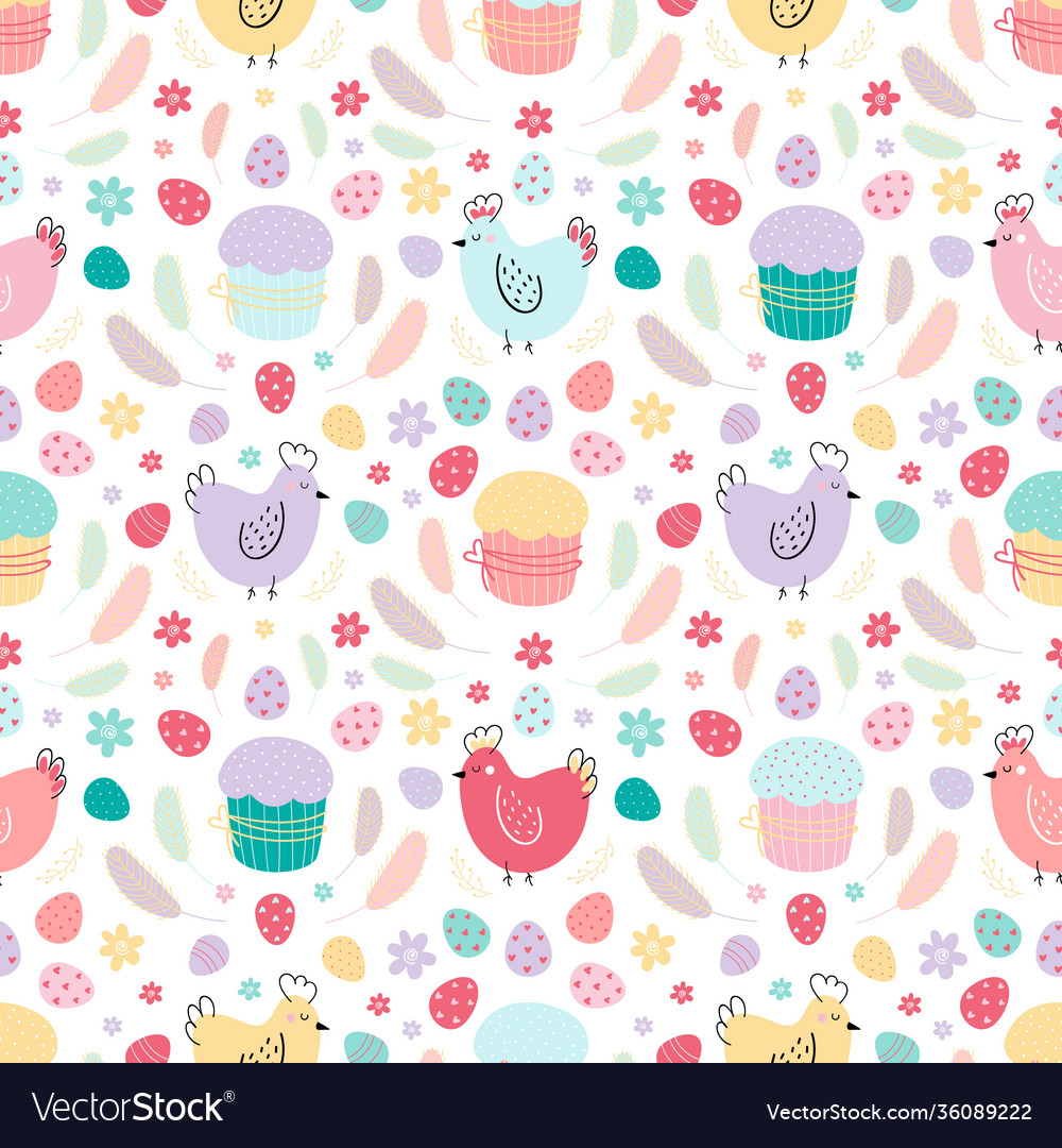 Easter pattern pattern with chickens eggs cakes Vector Image