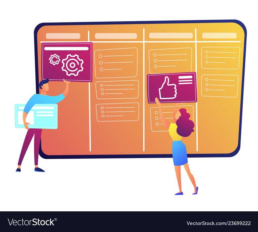 Programmers putting cards on kanban board vector image Programmers putting cards on kanban board