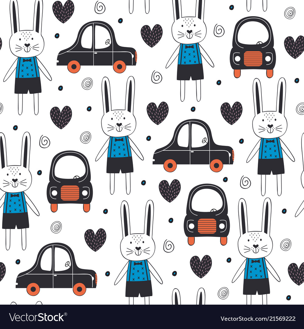 Seamless pattern with rabbit boy and car in scandi vector image Seamless pattern with rabbit boy and car in scandi