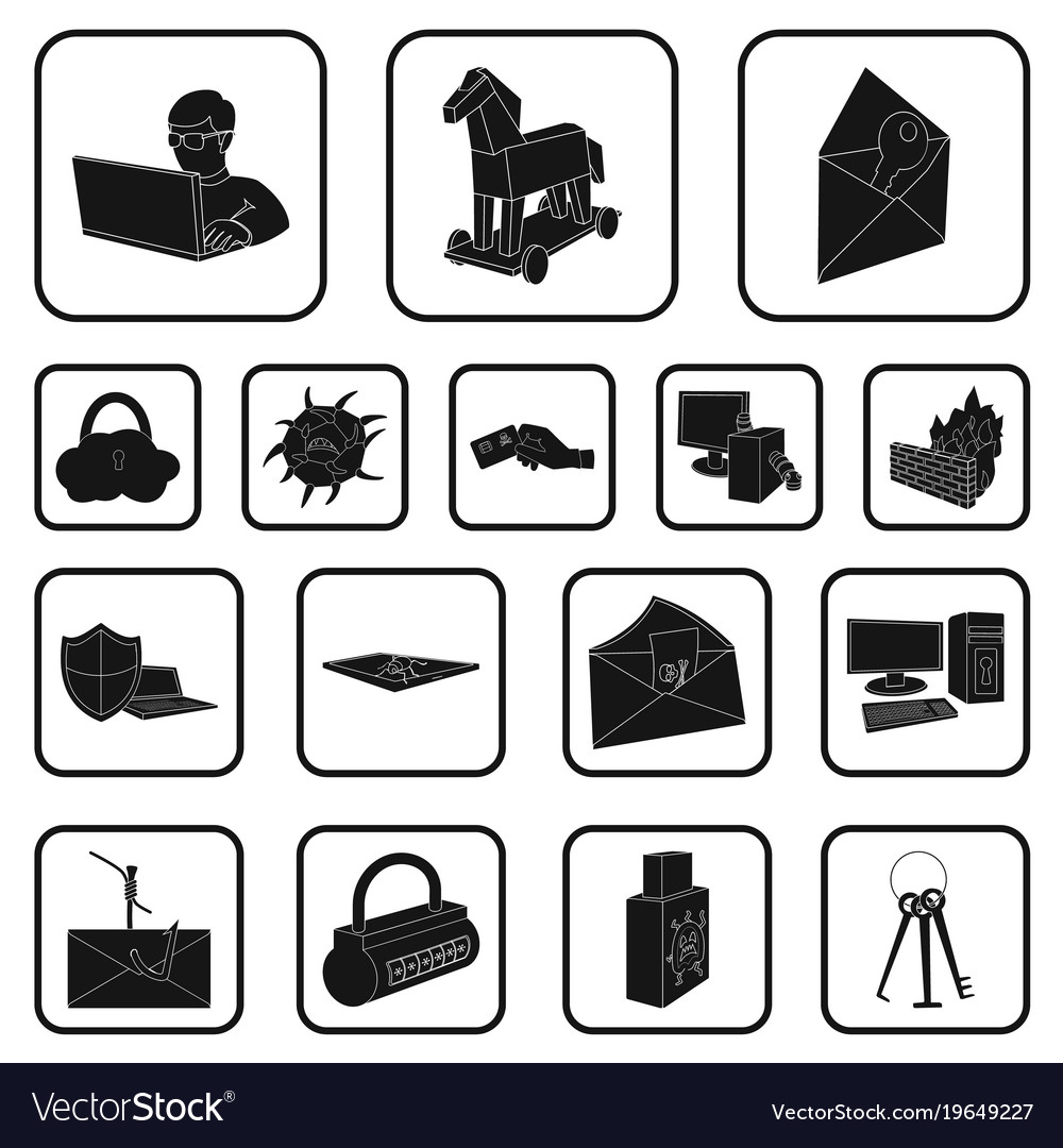 Hacker and hacking black icons in set collection