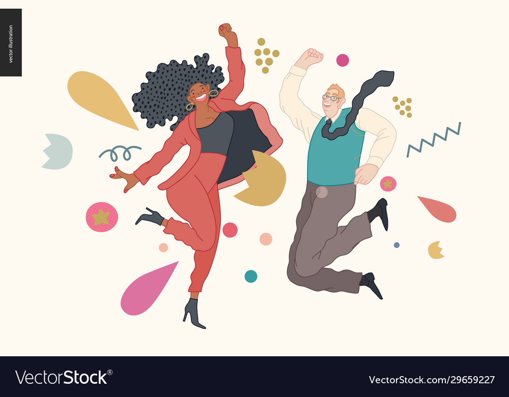 Glücklicher Geschäftsmann und Frau springen in Luft vector image Glücklicher Geschäftsmann und Frau springen in Luft