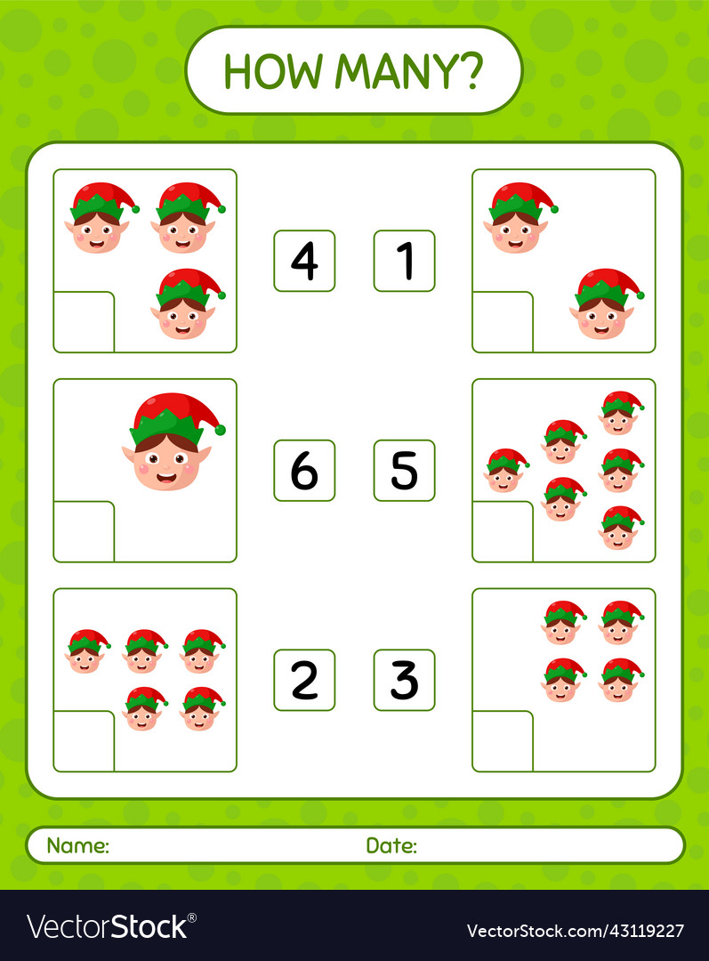 How many counting game with elf worksheet Vector Image How many counting game with elf worksheet