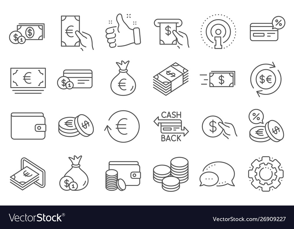 Money line icons credit card cash and coins