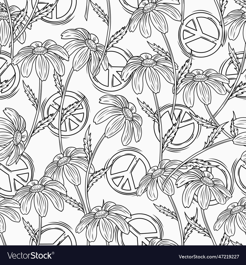 Seamless pattern with peace sign chamomiles