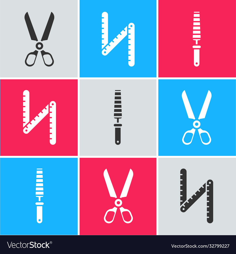 Set scissors folding ruler and chisel tool vector image Set scissors folding ruler and chisel tool