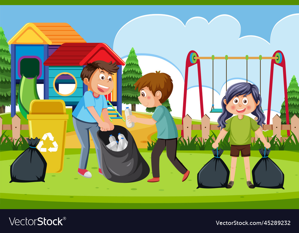 Cartoon kids collecting trash in the park Vector Image