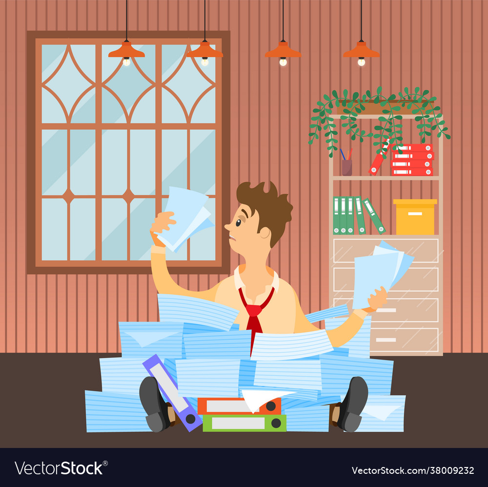 Man works with assignments at home to finish vector image Man works with assignments at home to finish