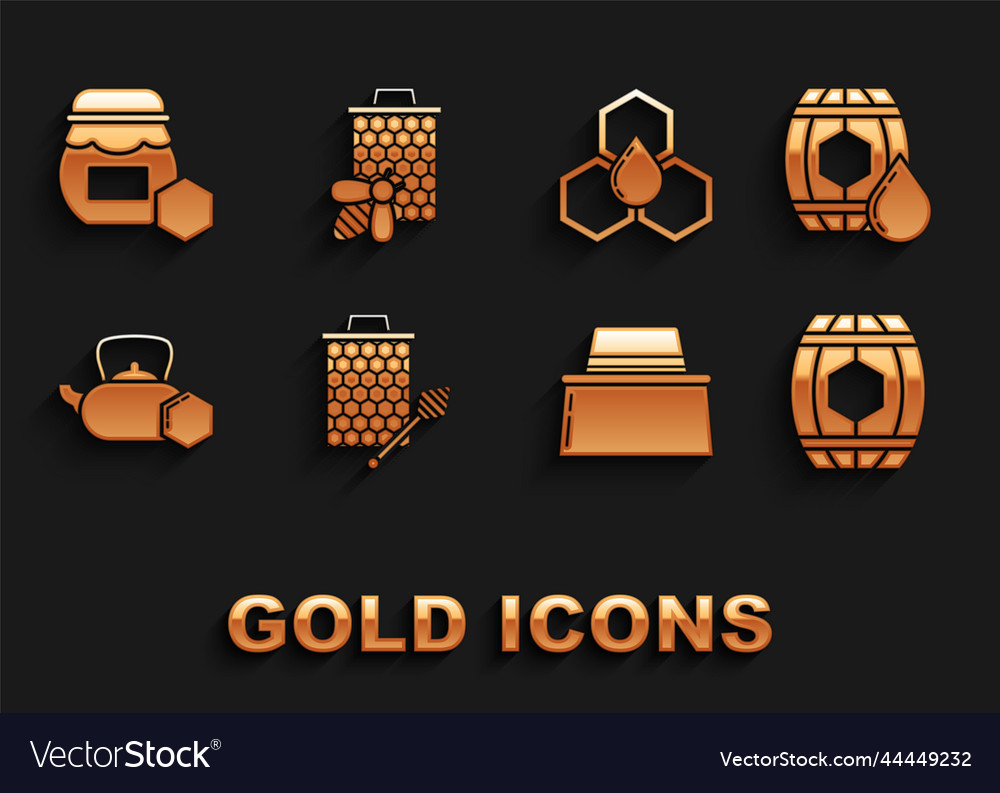 Set honeycomb with honey dipper stickicon wooden vector image Set honeycomb with honey dipper stickicon wooden