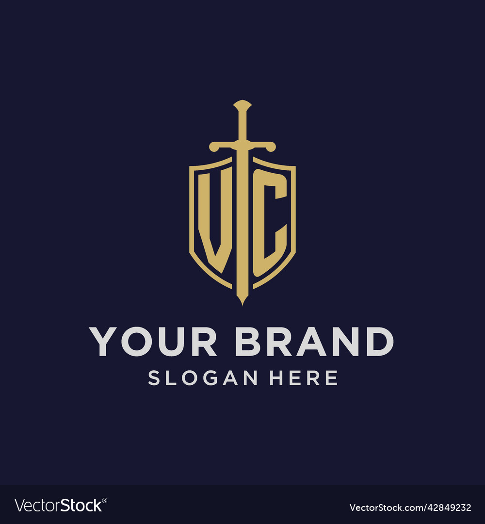 Vc logo initial monogram with shield and sword